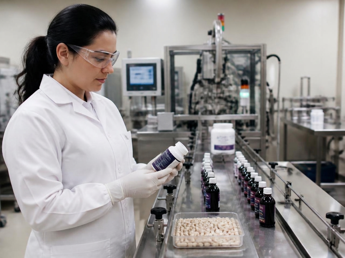Técnica de laboratorio revisando un lote de complementos alimenticios